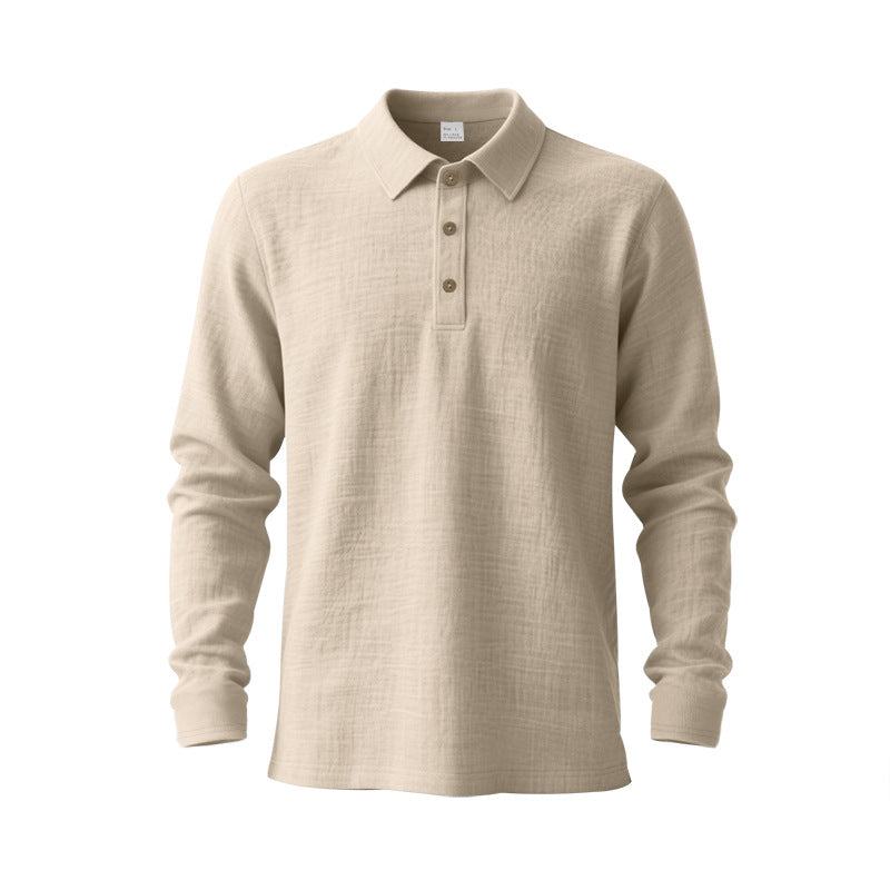 Men's Musselin Long Sleeve Polo Shirt with Collar, Short Button Placket and Natural Button Look StylebySassy