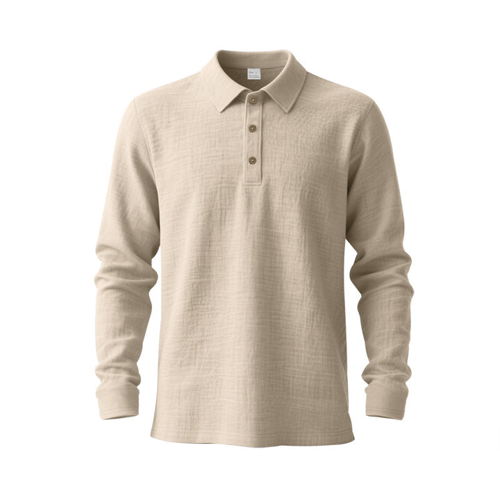 Men's Musselin Long Sleeve Polo Shirt with Collar, Short Button Placket and Natural Button Look StylebySassy