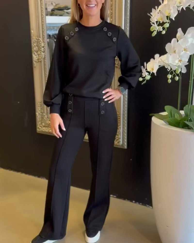 Women's sporty-elegant jersey two-piece set with eyelet decoration, high-waisted wide-leg pants in Marlene style StylebySassy