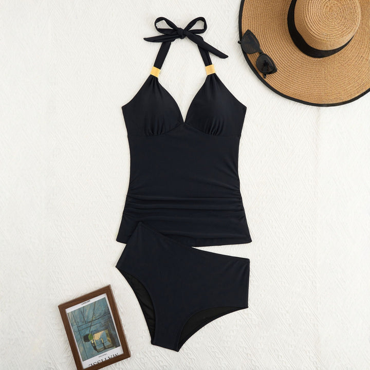Ladies elegant swimsuit with sophisticated V-neck and golden details StylebySassy