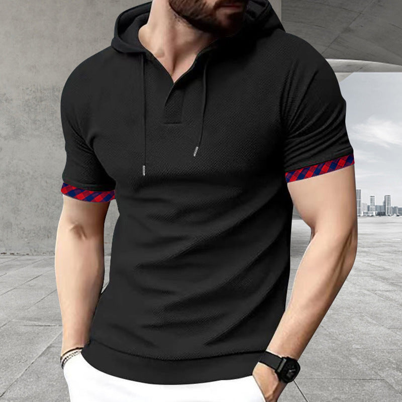 Men's slim fit short sleeve hooded shirt in polo style with Henley neckline and checkered sleeve cuff StylebySassy