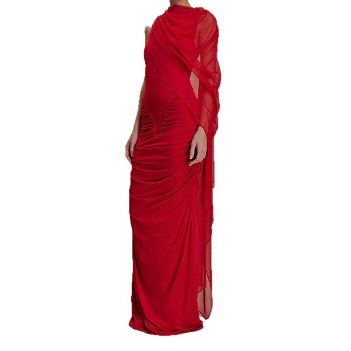 Ladies Glamorous Evening Dress with Asymmetrical Neckline and Elegant Draping Design StylebySassy