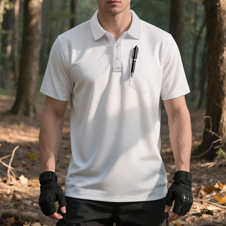 Men's functional short-sleeve polo shirt with breast pocket, integrated pen loop and micro-perforated ventilation StylebySassy