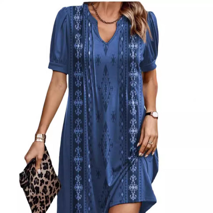Women's A-line short dress with V-neck, voluminous sleeves, and vertical ethnic print StylebySassy