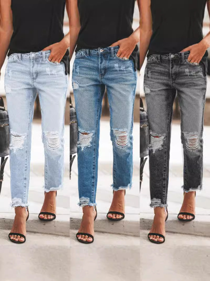 Ladies Ripped Denim Jeans with relaxed fit and frayed hem StylebySassy