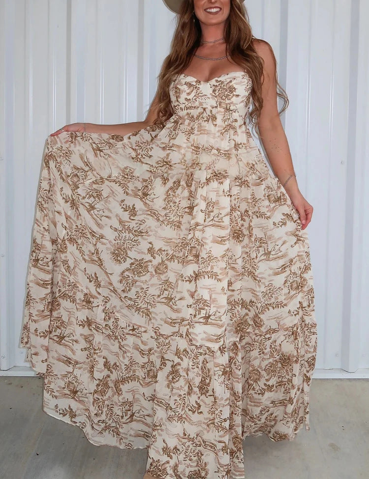 Women's strapless corset maxi dress with heart neckline, tiered ruffle skirt and nostalgic toile pattern StylebySassy