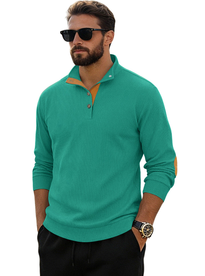 Men's fine ribbed knitted pullover with polo collar button placket and elbow patch StylebySassy