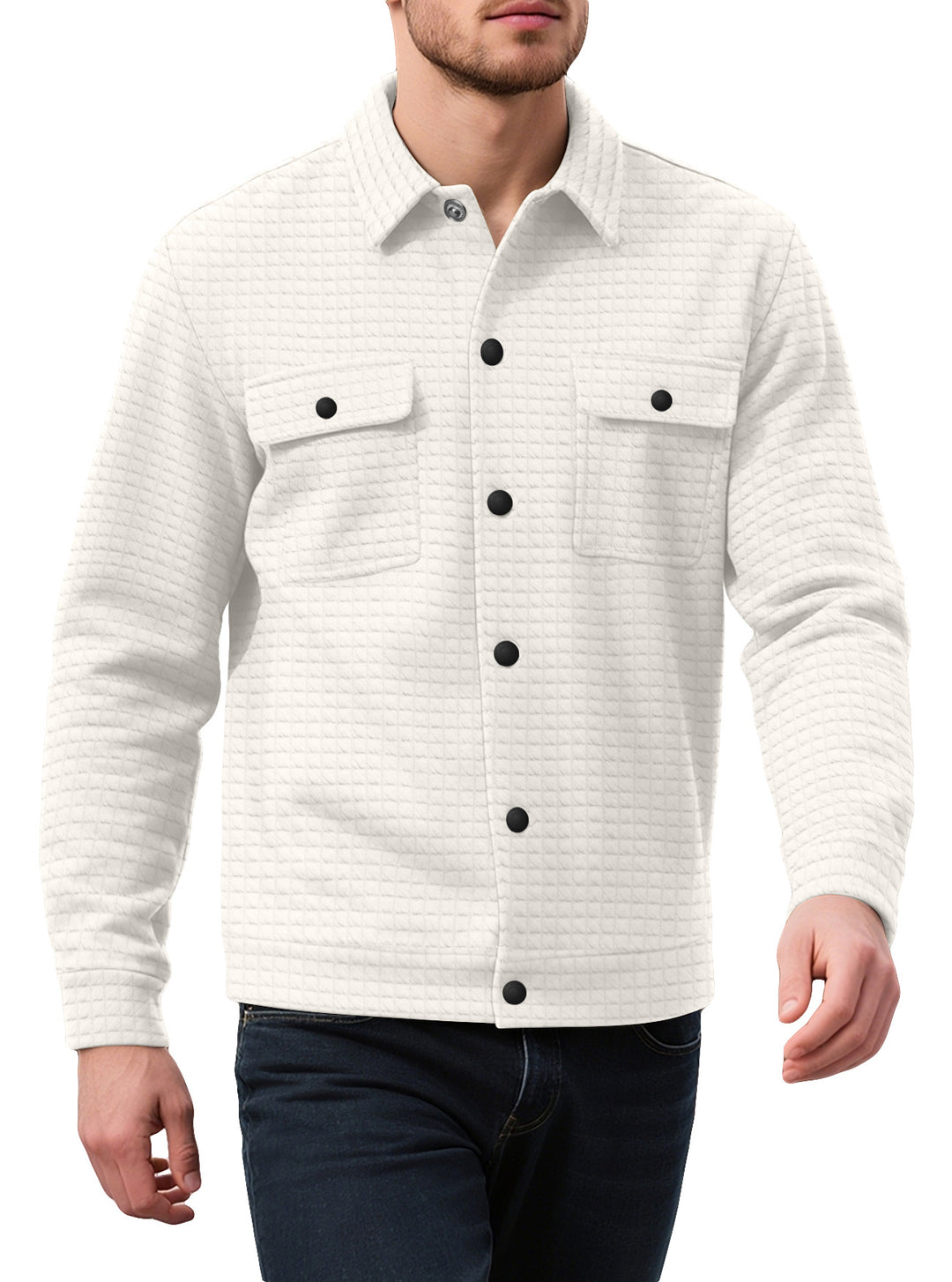 Men's shirt jacket with square quilted structure, snap front and chest flaps StylebySassy