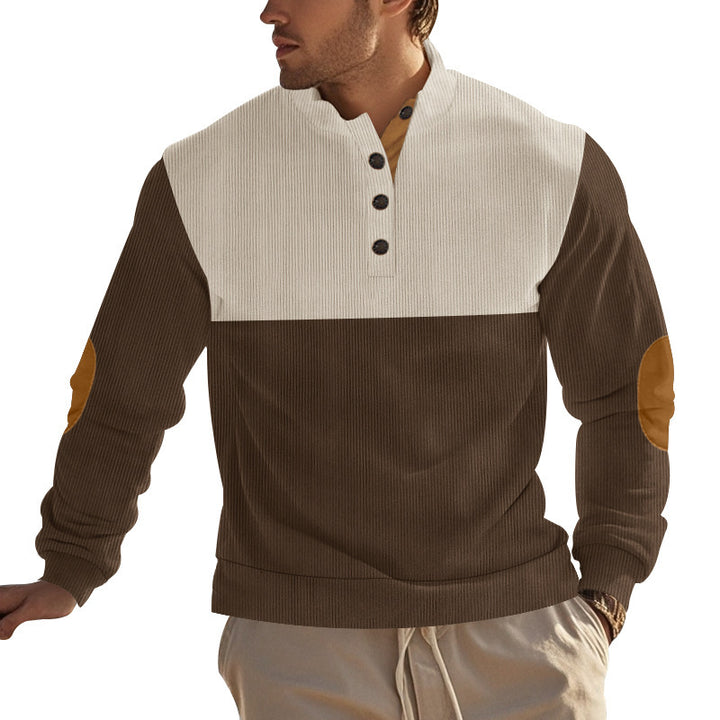 Men's ribbed knit sweater with standing collar, button placket, and leather elbow patches StylebySassy