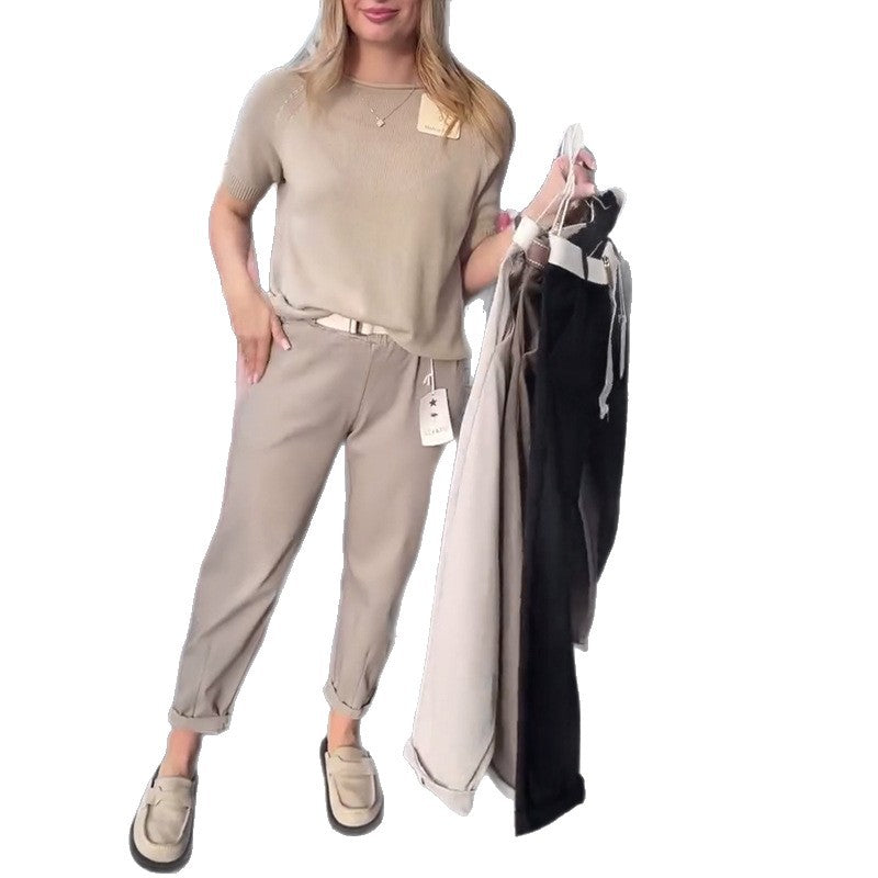 Women's casual cotton chinos with elastic comfort waistband, cuffs, and decorative belt StylebySassy
