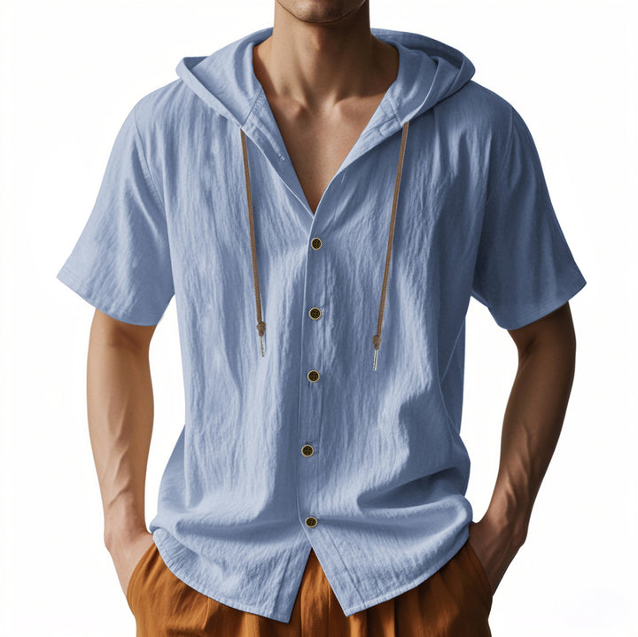 Men's breathable short sleeve hoodie made of linen blend with wooden button placket and drawstring StylebySassy