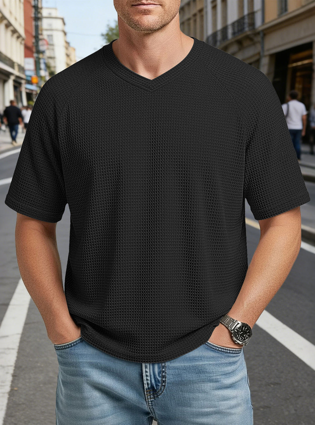 Men's casual V-neck waffle knit T-shirt made of breathable cotton blend StylebySassy