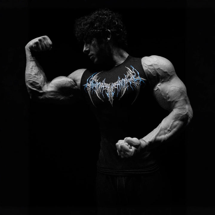 Men's form-fitting training tank top with deep armholes and intricate back print StylebySassy