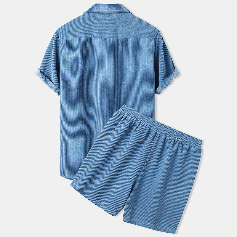 Men's short-sleeve leisure set with waffle texture, lapel collar and drawstring pants StylebySassy