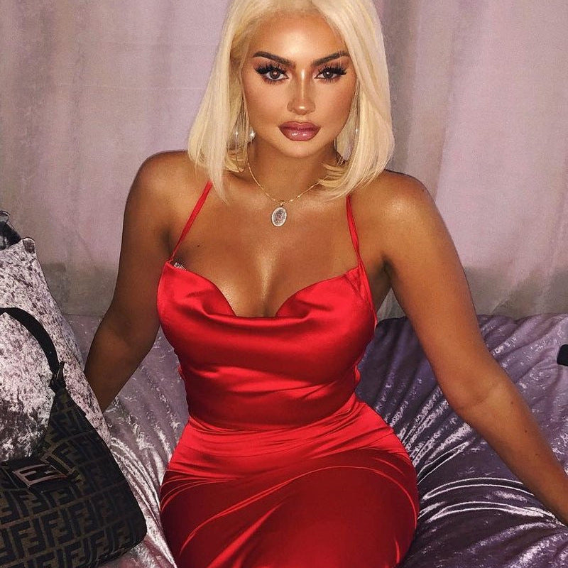 Ladies Elegant Satin Dress with Off-Shoulder Design StylebySassy