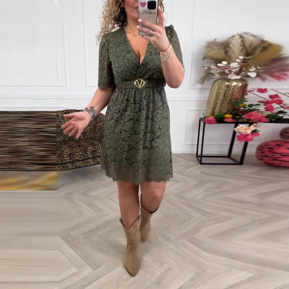 Women's knee-length lace dress with V-neck, shaped bustier and decorative waist belt StylebySassy