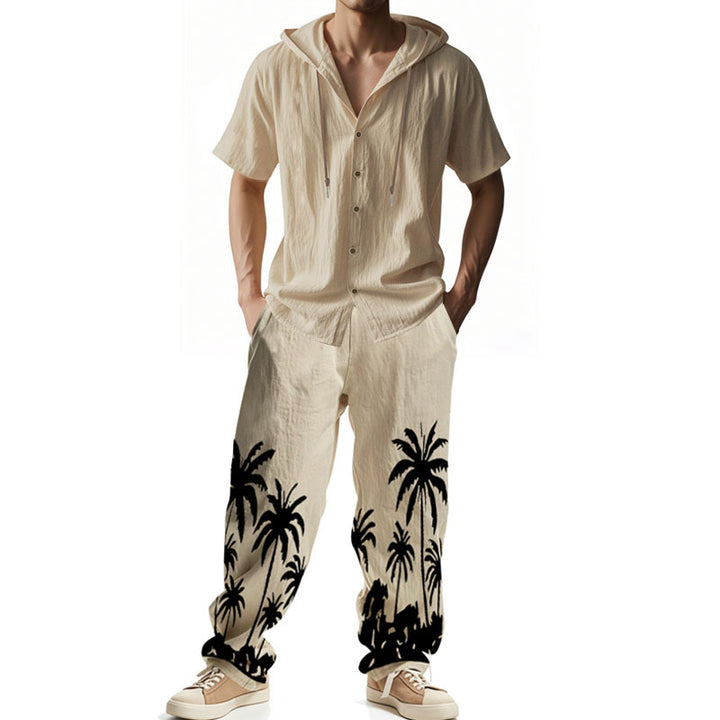 Men's casual summer ensemble with hoodie and wide palm motif pants StylebySassy