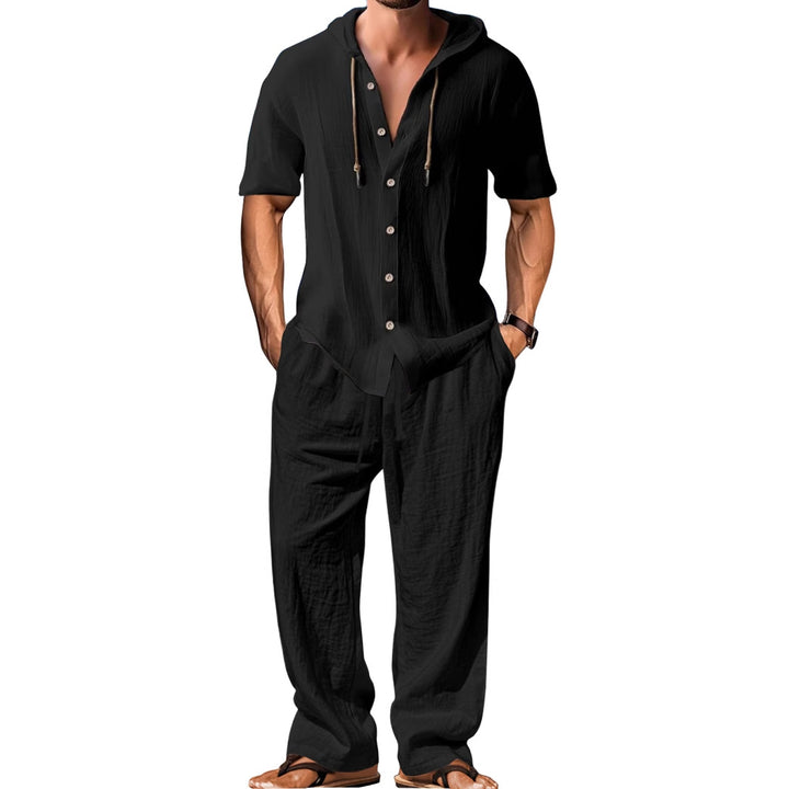 Men's airy linen lounge set with short-sleeved hoodie and straight relaxed pants StylebySassy