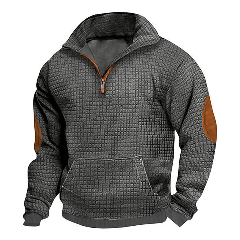 Men's thermo-regulating waffle knit half-zip pullover with kangaroo pocket and faux leather elbow patches StylebySassy