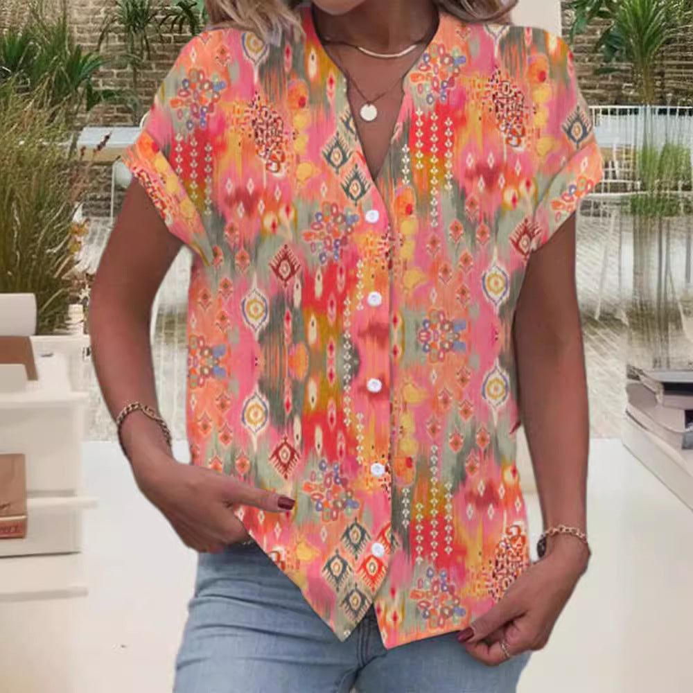 Women's casual short-sleeve blouse with V-neck, button placket and folk all-over print StylebySassy