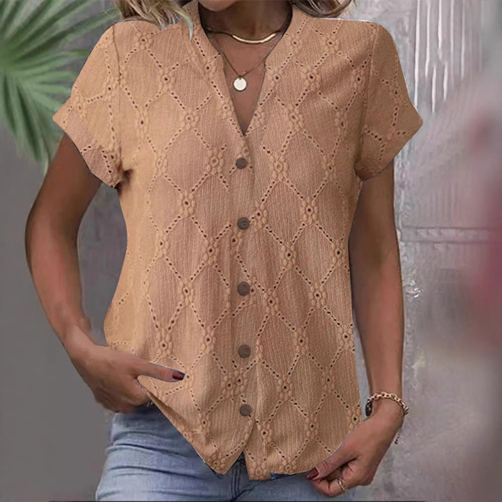 Women's short-sleeved embroidery blouse with V-neck and continuous button placket StylebySassy