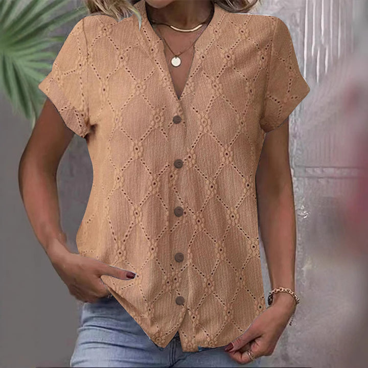Women's short-sleeved embroidery blouse with V-neck and continuous button placket StylebySassy