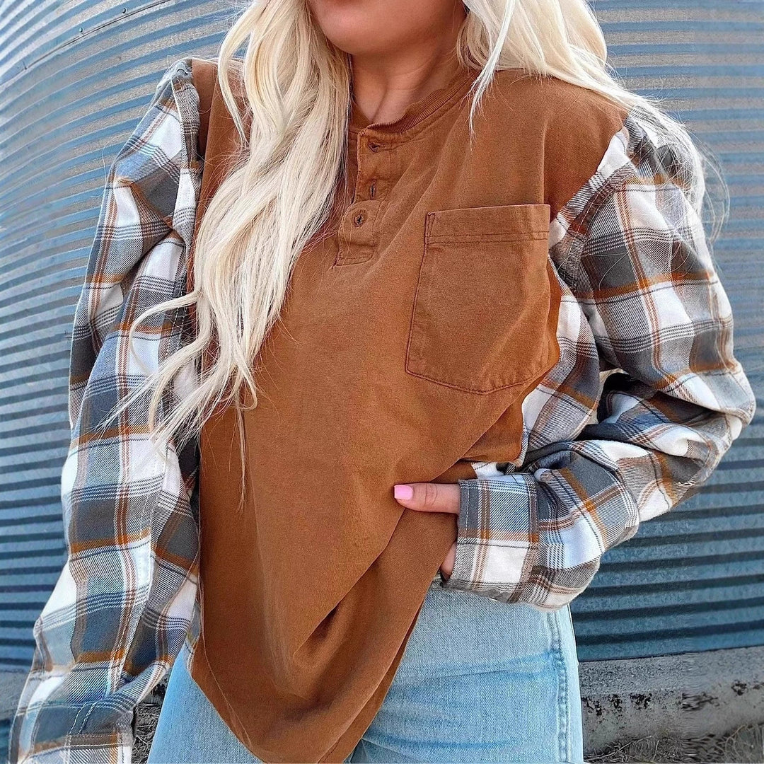Women's nan further Henley pullover in layered look with checked sleeves and chest pocket StylebySassy