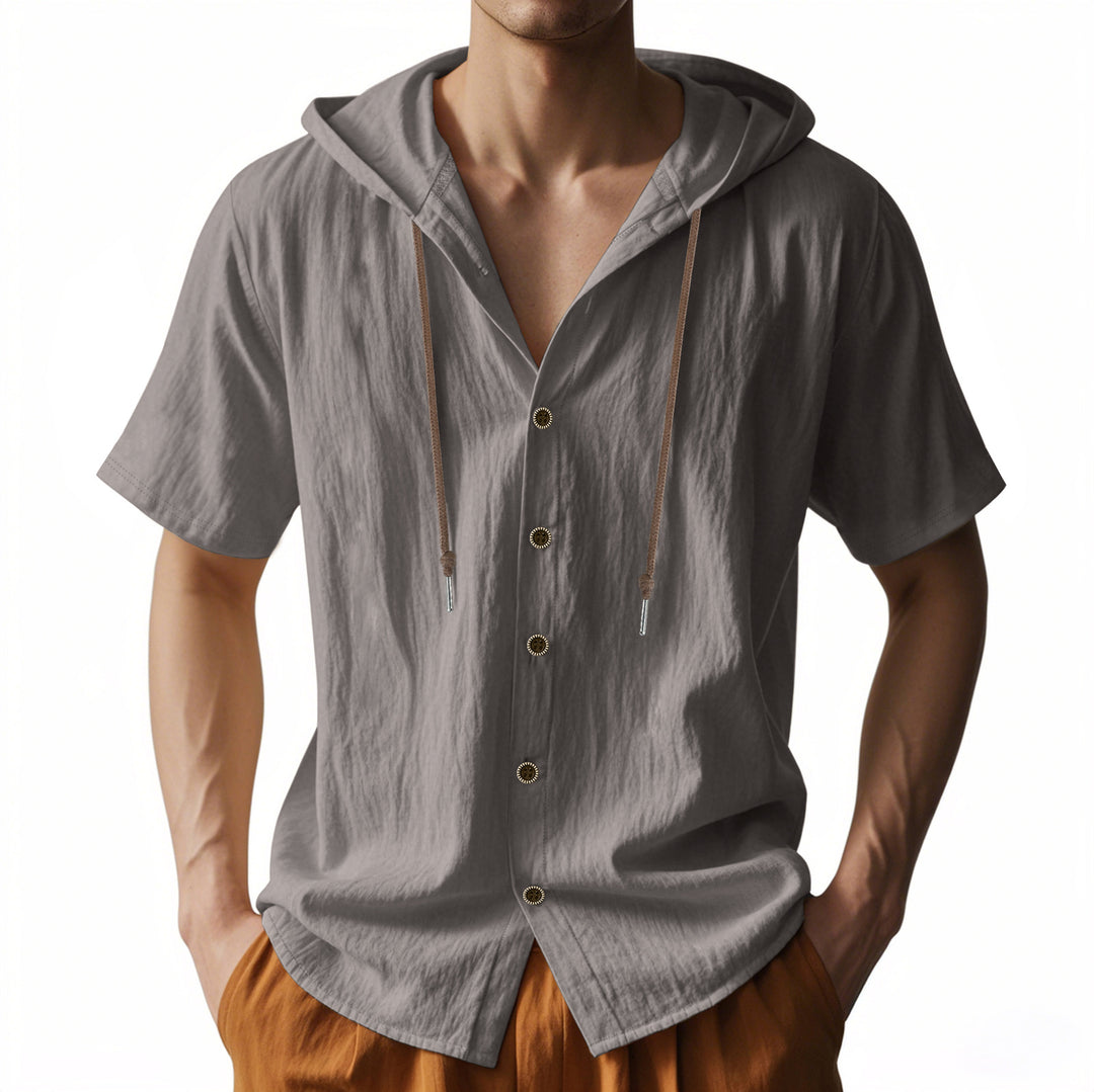 Men's breathable short sleeve hoodie made of linen blend with wooden button placket and drawstring StylebySassy