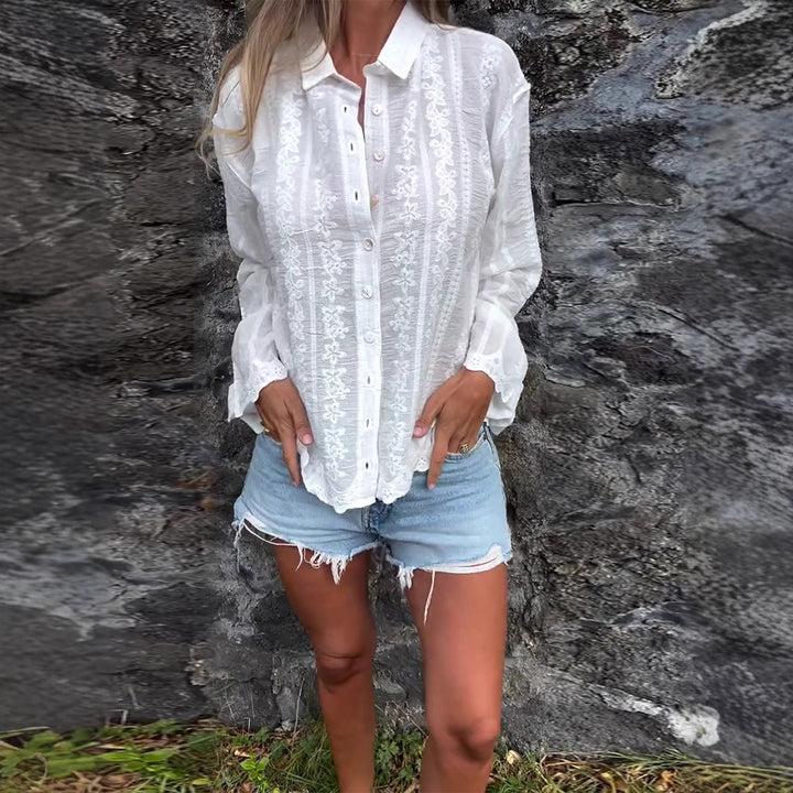 Women nan embroidered blouse with floral openwork embroidery, pearl button placket and casual oversized fit StylebySassy