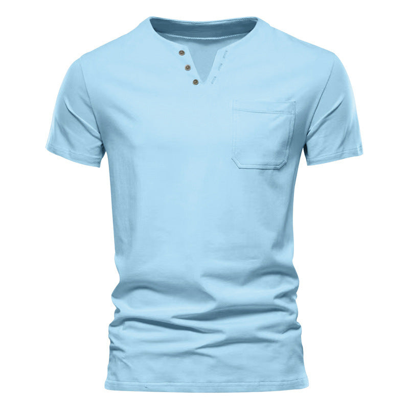 Men's tailored short sleeve Henley shirt with chest pocket and asymmetrical button placket StylebySassy