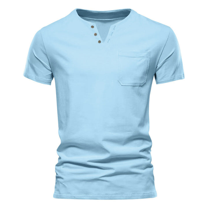 Men's tailored short sleeve Henley shirt with chest pocket and asymmetrical button placket StylebySassy