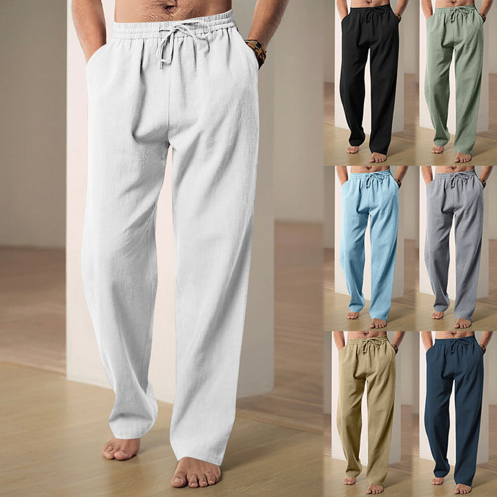 Men's comfortable linen-cotton blend relaxed pants with straight leg, elastic waistband, and concealed side pockets StylebySassy