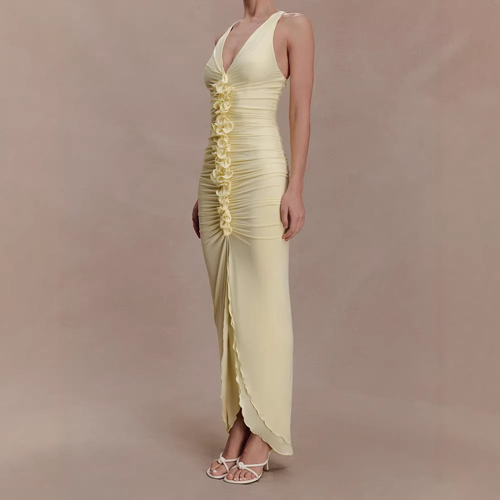 Women High-Quality Evening Dress with Deep V-Neck and Gatherings