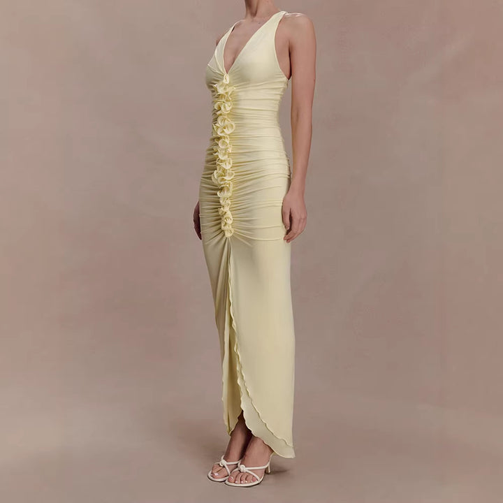 Women High-Quality Evening Dress with Deep V-Neck and Gatherings