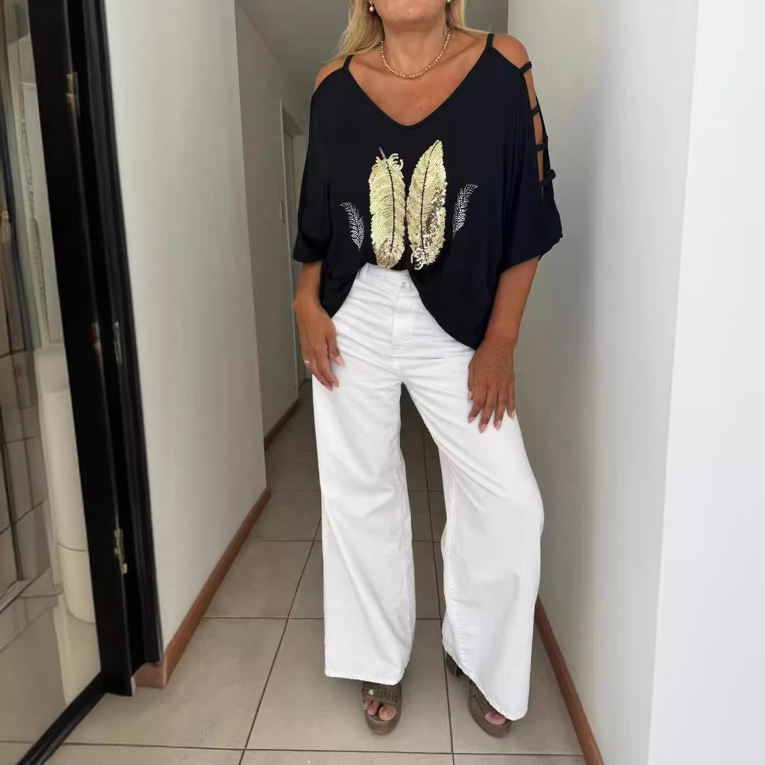 Ladies loose-fitting blouse shirt off-shoulder design with sequin-feather application and split sleeves StylebySassy