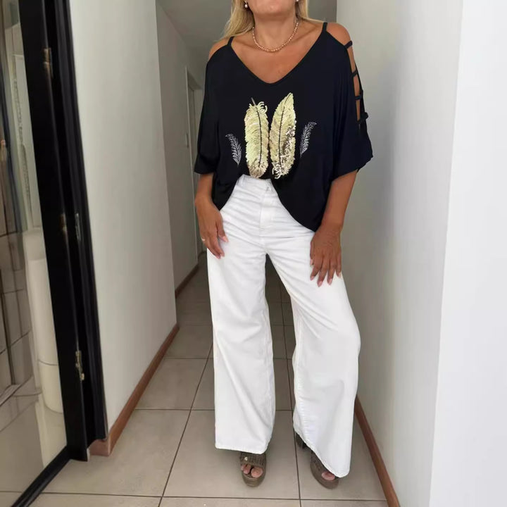 Ladies loose-fitting blouse shirt off-shoulder design with sequin-feather application and split sleeves StylebySassy