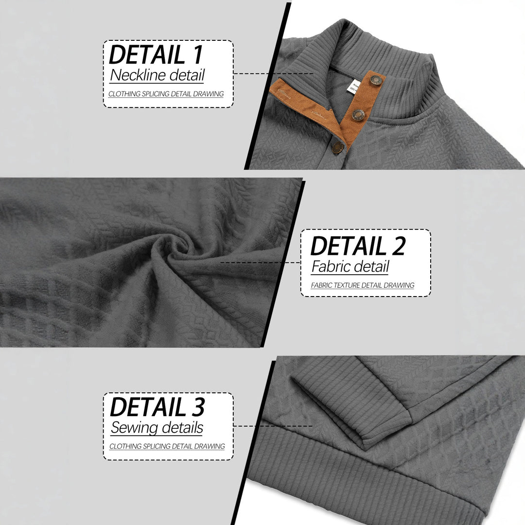 Men's noble button sweater in cable pattern with high stand-up collar and suede elbow patches StylebySassy