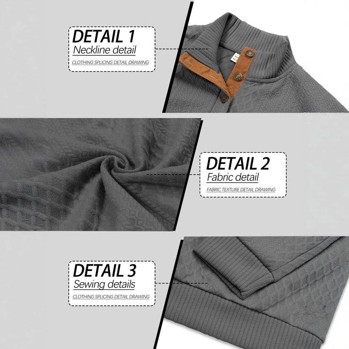 Men's noble button sweater in cable pattern with high stand-up collar and suede elbow patches StylebySassy