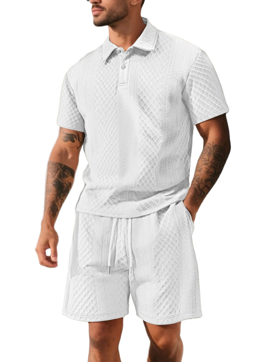 Men's structured polo shirt and bermuda shorts set made of quilted cotton blend StylebySassy