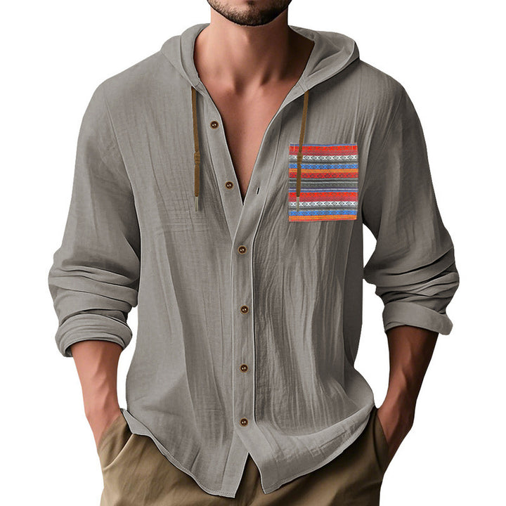Men's lightweight hooded shirt jacket made of structured cotton blend with ethnic chest pocket and button placket StylebySassy