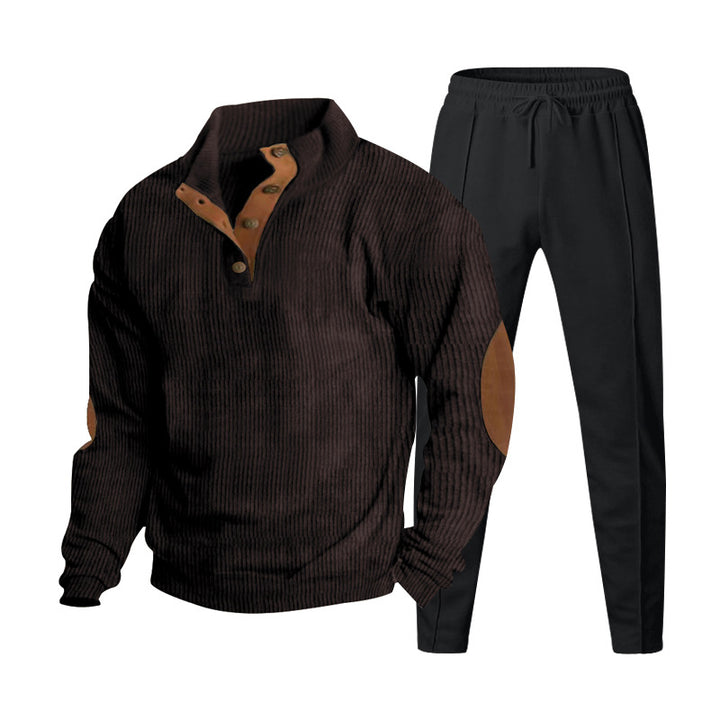 Men's ribbed Henley leisure suit with decorative button placket and suede elbow patches tapered joggers StylebySassy