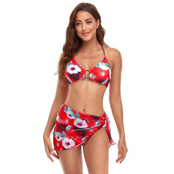 Women's Triangle Bikini Set with trendy wrap skirt and floral design StylebySassy