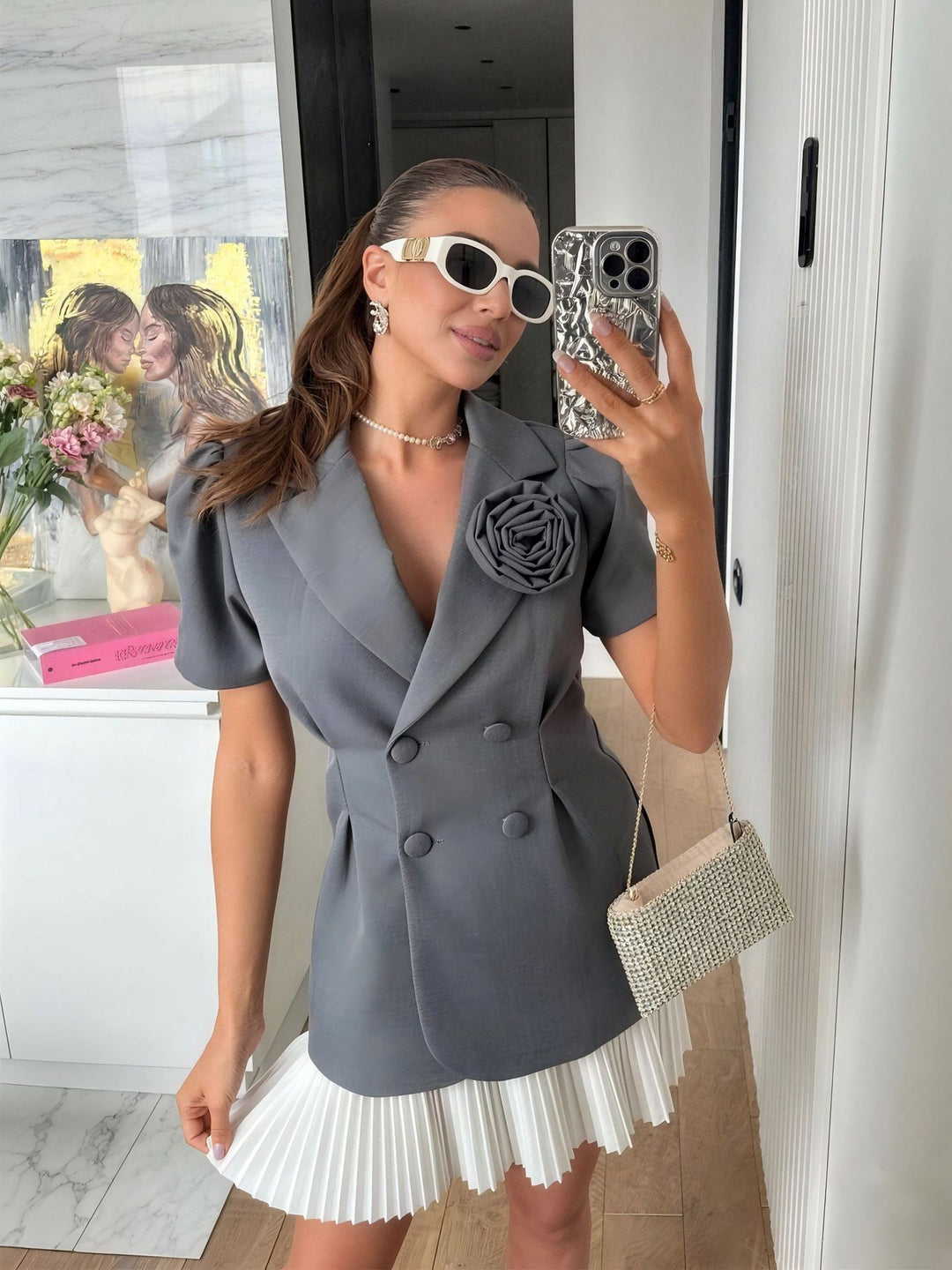 Ladies elegant blazer with puff sleeves and floral detail StylebySassy