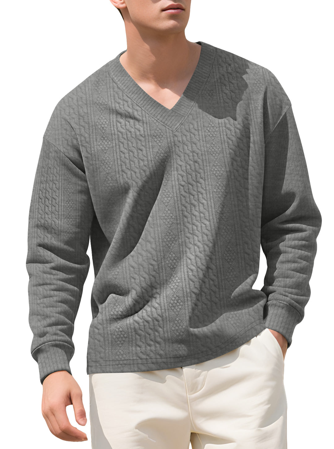 Men's structured V-neck knitted sweater with cable and honeycomb pattern StylebySassy