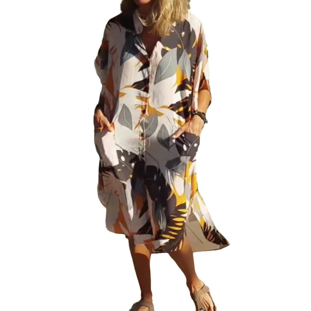 Women's airy-light kaftan shirt dress with dropped shoulder, hidden button placket, and side pockets StylebySassy