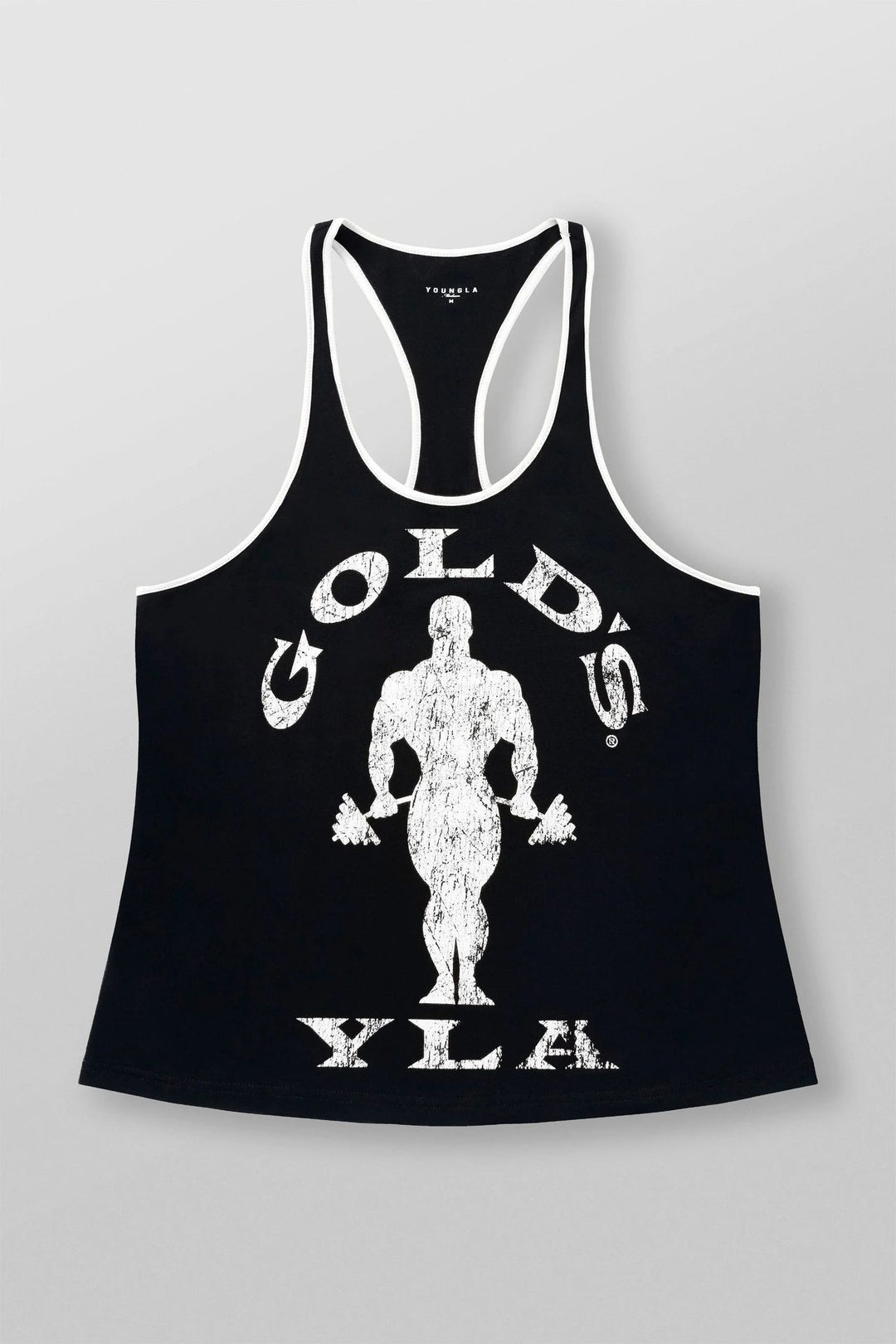 Men's nan athletic Stringer tank top backless cut with contrast piping and strength sports motif StylebySassy