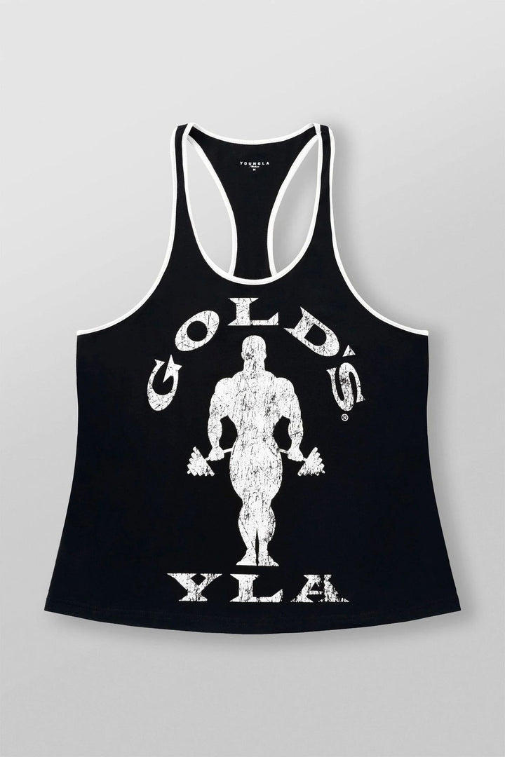 Men's nan athletic Stringer tank top backless cut with contrast piping and strength sports motif StylebySassy