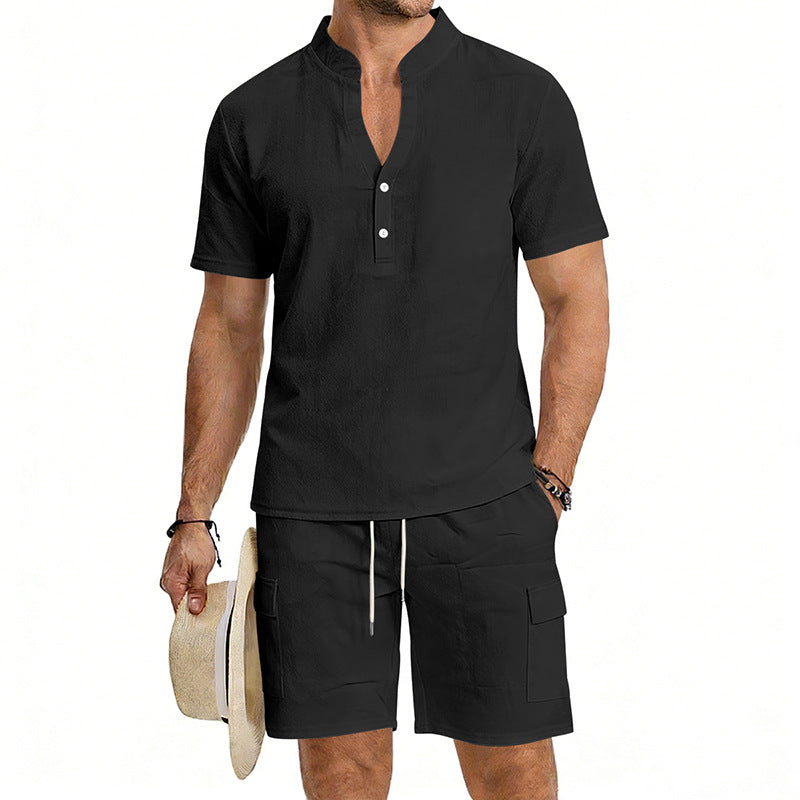 Men's lightweight short sleeve shirt with mandarin collar and half button placket StylebySassy