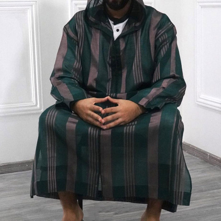 Men's slim hoodie robe with vertical stripe structure zipper and side slits StylebySassy