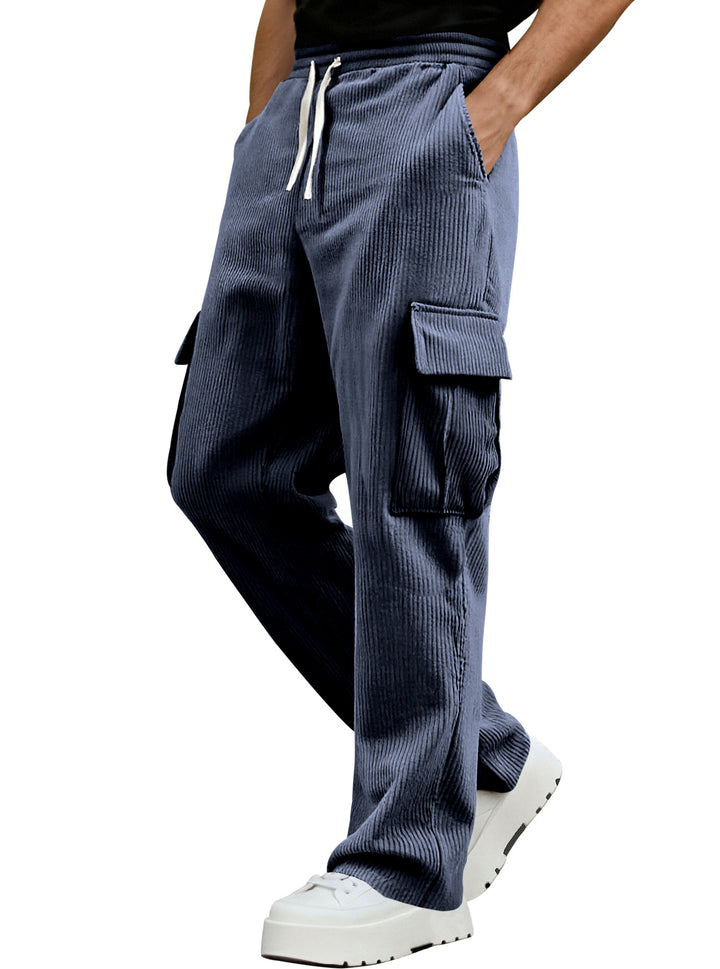 Men's casual corduroy cargo pants with elastic drawstring waist, straight leg, and flap pockets StylebySassy